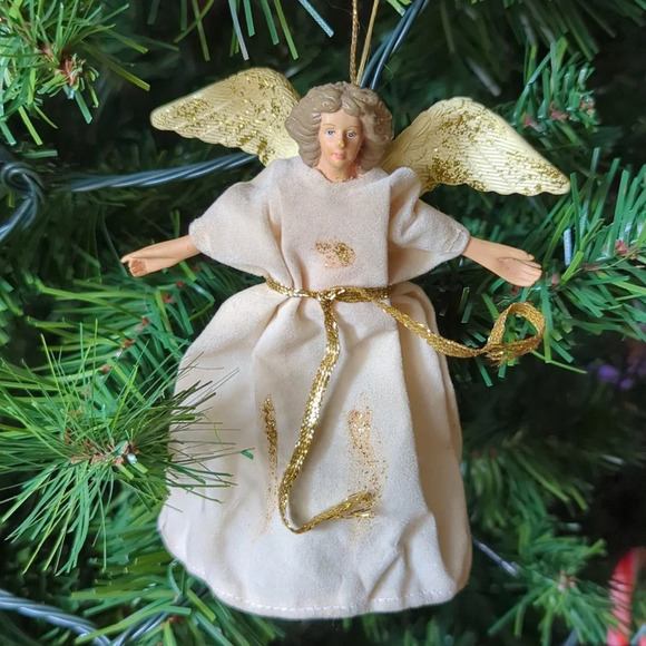 Vintage Small Glitter Angel Christmas Tree Topper Ornament 5.25" - Picture 1 of 6